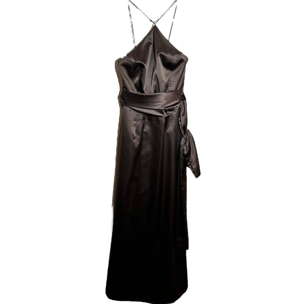 Vintage Nicole Miller Satin Halter Gown Maxi Dress Evening USA Tie Waist Brown 4